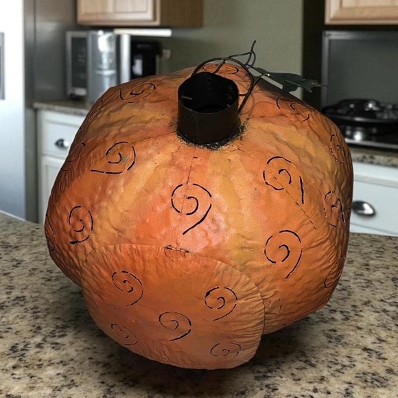Vintage Halloween Huge Punched Tin Metal Jack O Lantern Pumpkin Candle Holder - Picture 4 of 5
